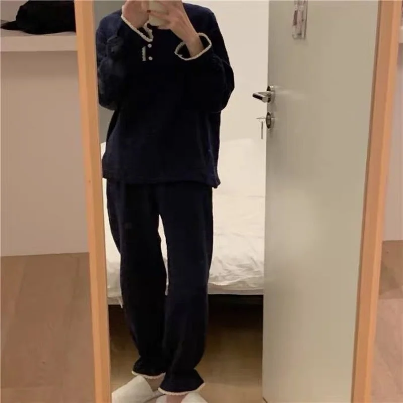 QWEEK Cotton Pajamas Women Autumn Home Clothes Solid Color Pijamas Button Lace Sleepwear Pyjamas Loungewear Home Suit Roomware