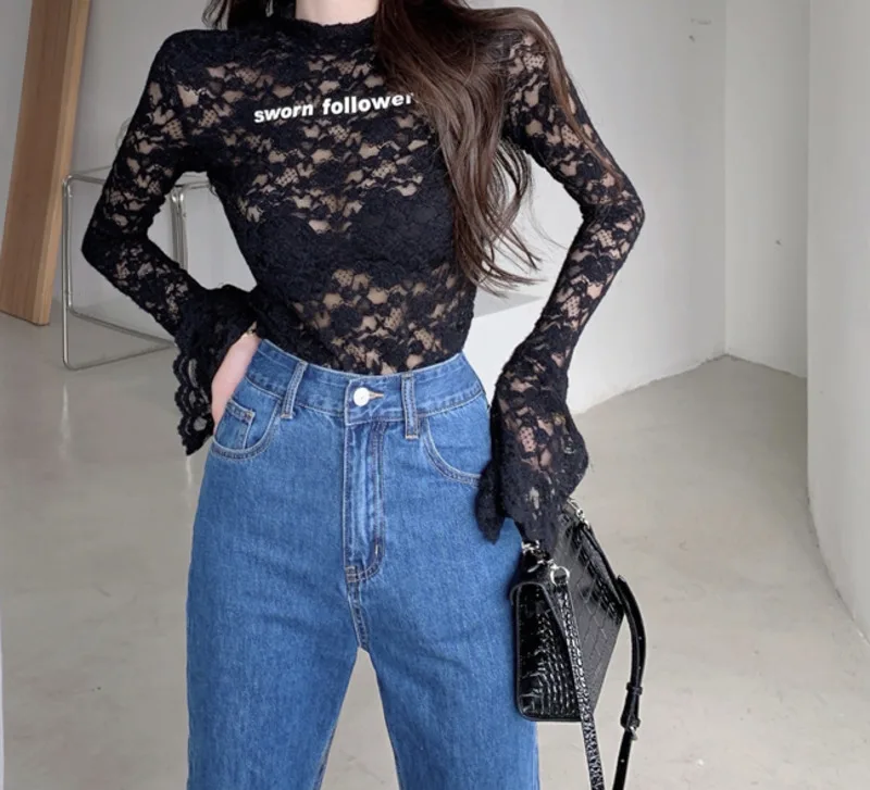 Women's Blouse Half High Collar Lace Autumn And Winter Design Sense Of Embroidery Letter Tight Outside Rachel | Женская одежда