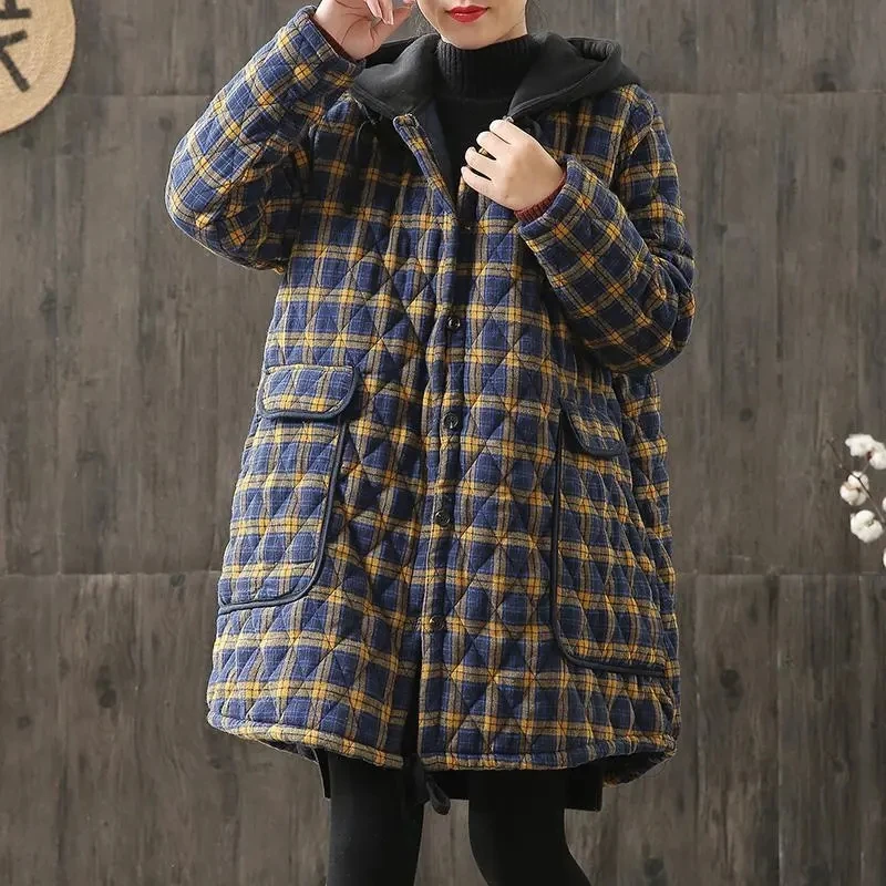 

Women Hooded Plaid Parkas Vintage Button Coats Loose 2021 Autumn Winter Coat Parkas Pockets Female Casual Warm Outerwear