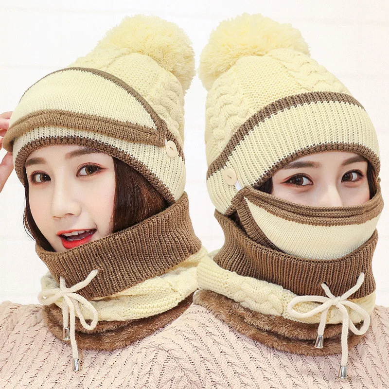 

New Winter Mask Scarf Knitted Beanie Hat Set Women Warm Balaclava Hats Female Fashion Outdoor Cycling Thick Fleece Hairball Cap