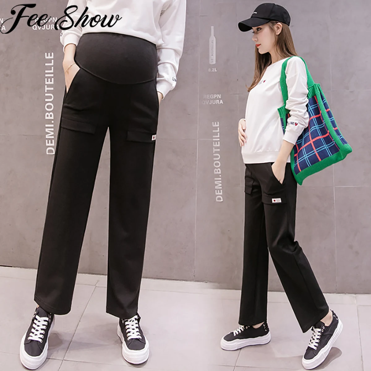 

Spring Summer Elegant Maternity Belly Pants For Pregnancy Elastic Waist Belly Straight Sports Pants Pregnant Women Loose Trouser