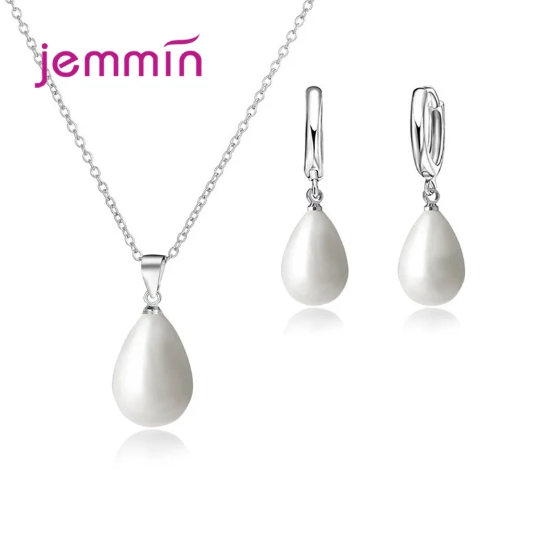

Elegant 925 Sterling Silver Water Drop Pearl Necklaces For Woman Fine Jewelry Wedding Hoop Earrings Necklace Jewelry Set Gift