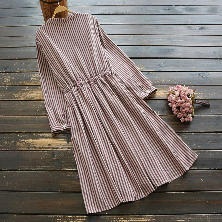 7316 New Spring Women Cotton and linen Dress Buckle Elasticated Waist vintage Striped midi | Женская одежда