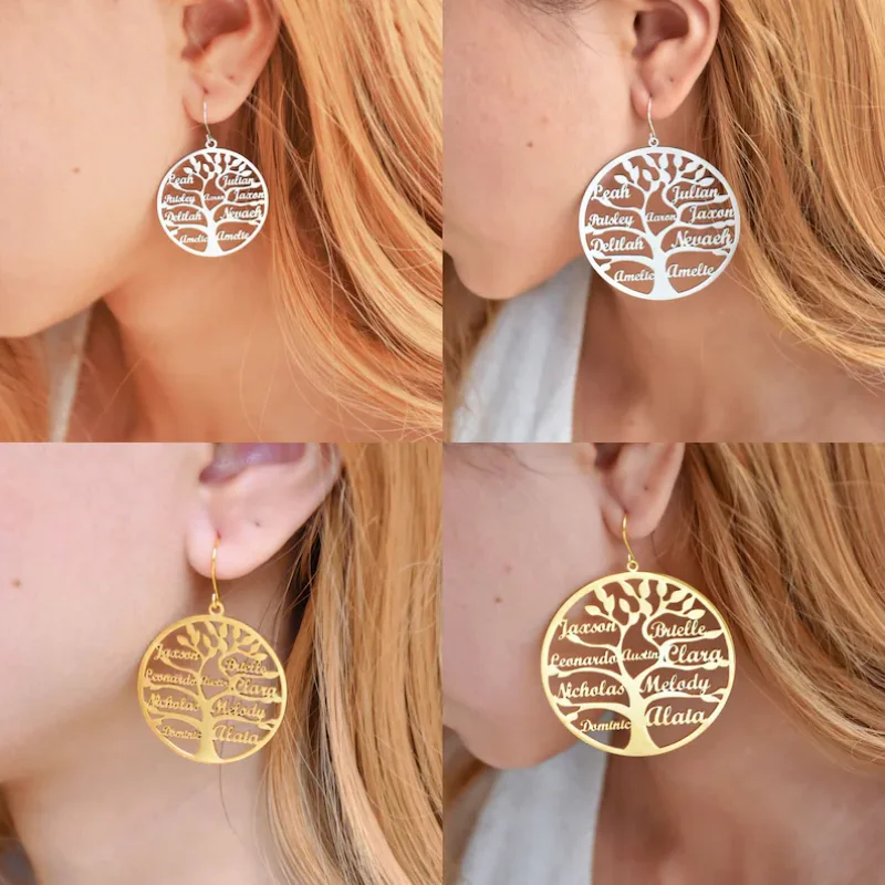 

Personalized Name Earring Personalized Family Tree Name Hoop Earrings Pesonalized Jewelr, Exaggerated Custom Hoops Mom Gifts