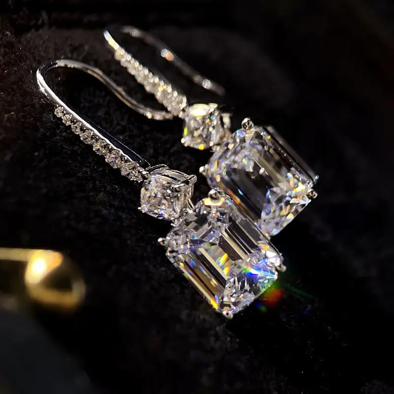 

HML& Unique design silver inlaid crystal smart square diamond long earrings shining luxurious and exquisite women's jewelry
