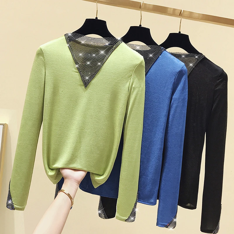 Женская футболка с V-образным вырезом осенняя Повседневная тонкая со стразами