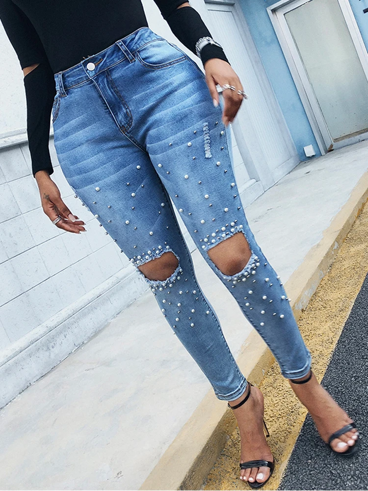 

Women Fashion Casual Slinky Jeans Long Pants Beaded Pocket Design Women Trousers Cut-out Denim Pants Fashion Casual Jeans