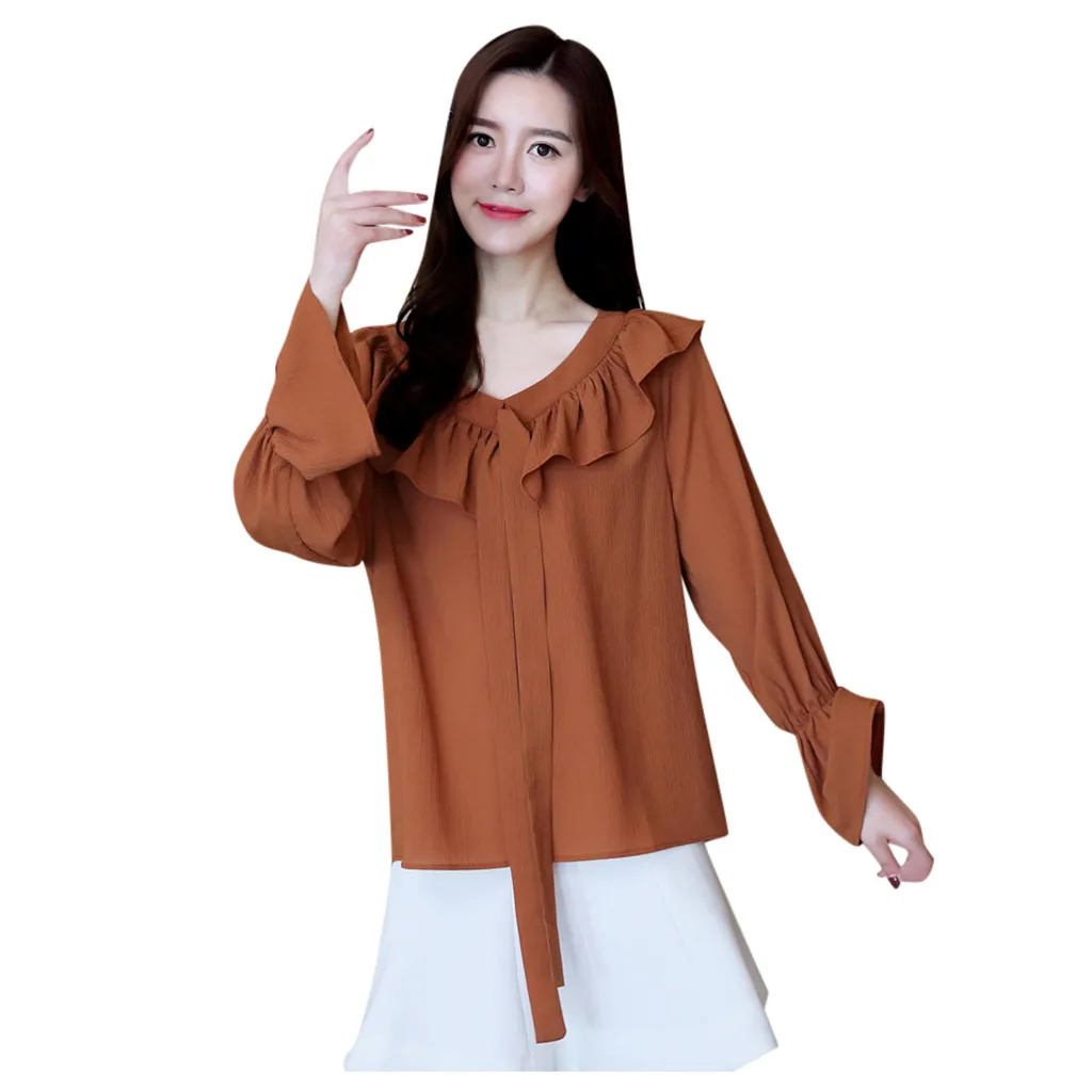 Женская мода галстук-бабочка оборки длинный рукав свободная тонкая шифоновая