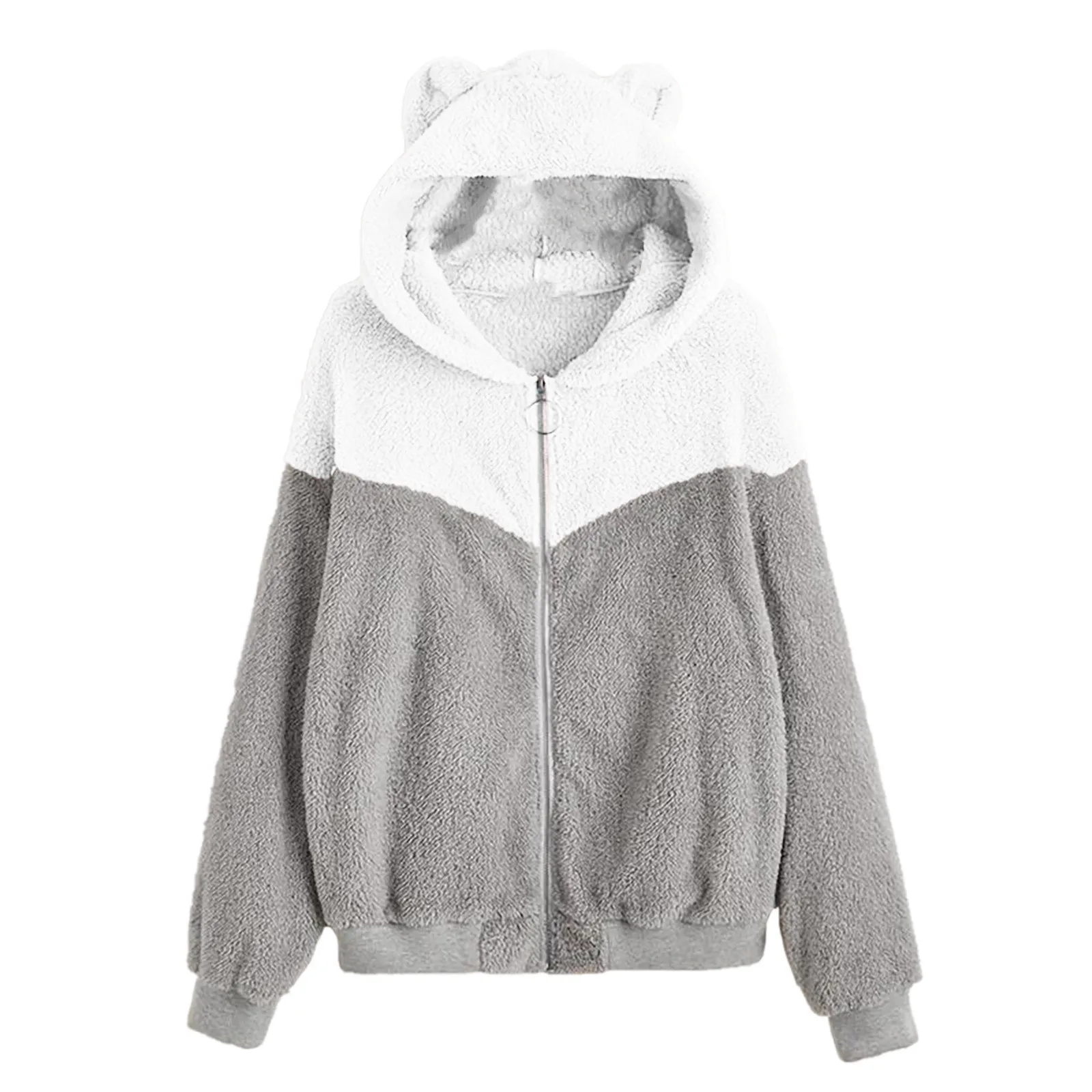 

Women Winter Baggy Outwear Plush Hoodie Coat Color-Blocked Warm Casual Zipper Comfort Top With Cute Ear Coat Jacket