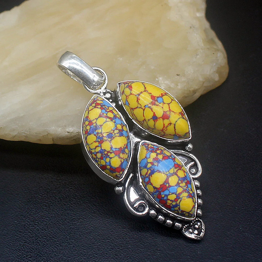 

Hermosa Jewelry Antique Beautiful Mosaic Jasper Silver Color Charm Necklace Pendant for Women Gifts 52mm FQ37