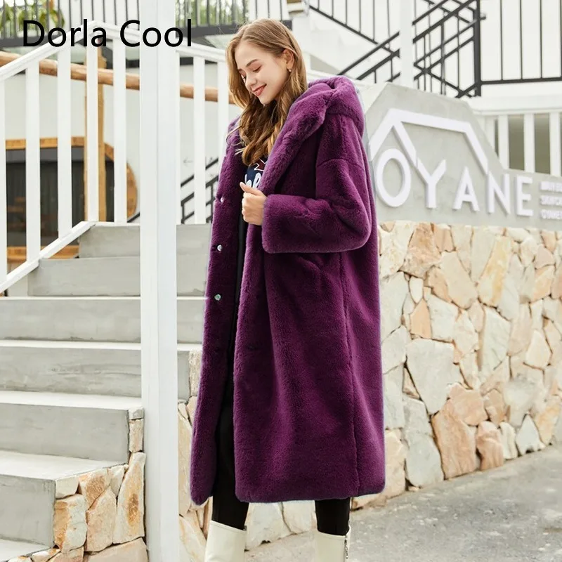 

European Girl's Imitation Mink Fur Jacket Oversized Loose Hooded Mid Long Parka Women Faux Fur Thickening Outerwear Warm Coats