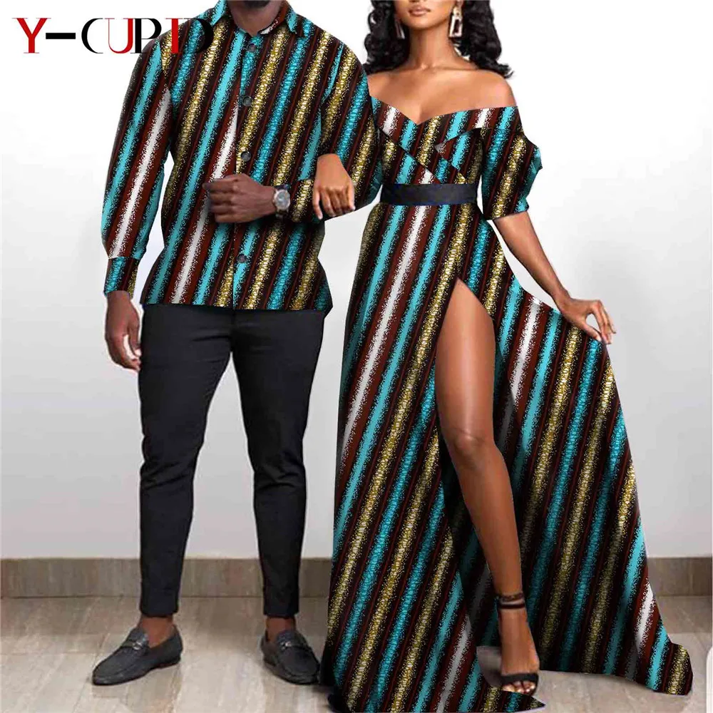 african couple outfits African Clothes for Couples Sexy Women Ankara Print Maxi Long Dresses Match Men Outfit Party Shirts Top and Pants Sets Y21C001 african gowns