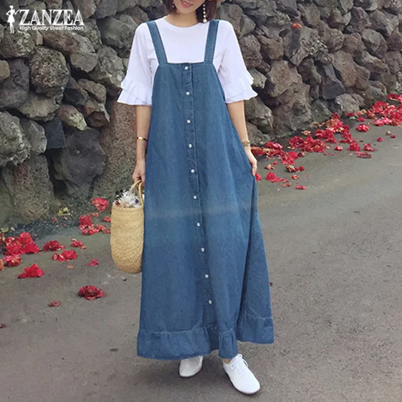 Джинсовое синее платье-комбинезон ZANZEA, женский сарафан, стильный, Повседневный, на пуговицах, летний, с оборками, миди, Vestidos, женский халат размера плюс