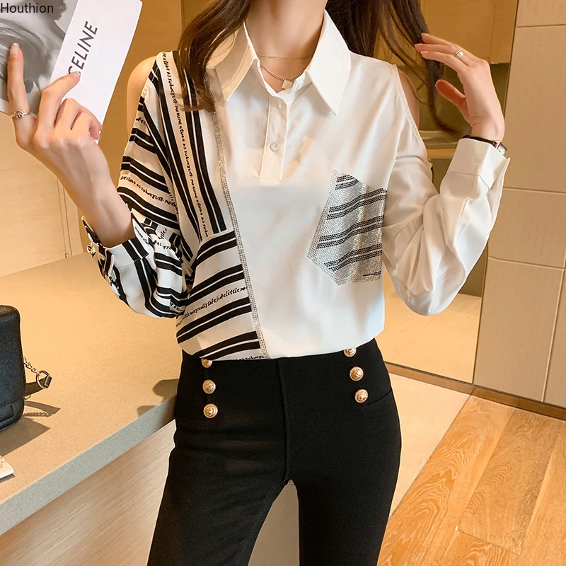 

Houthion New Chiffon Women's Blouses Fashion Shirt Pockets Loose Splicing Striped Blouse Long Sleeve Top Summer Buttons
