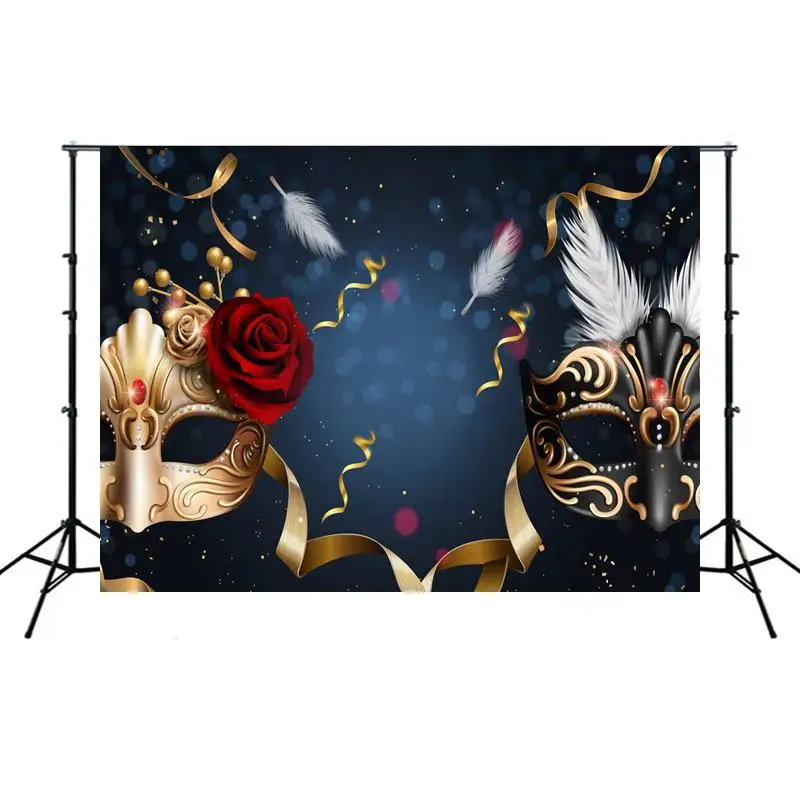 

Black And Golden Masks Red Rose Dance Carnival Photography Backdrops Masquerade Party Golden Ribbons Photo Background