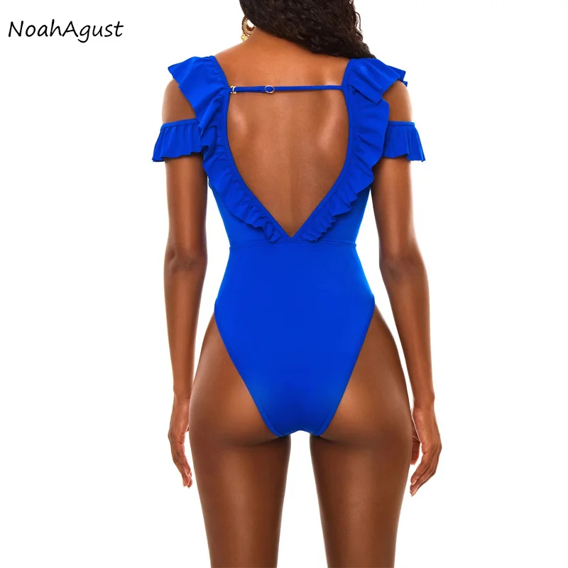 Синий купальник с оборками и открытыми плечами Цельный сексуальная одежда для