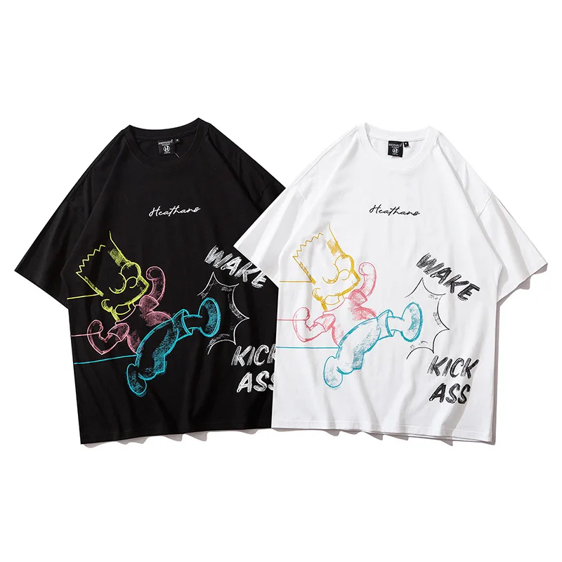 

Summer Couple Tees Men Hip Hop Cartoon Print Loose T-shirt Men Casual Comfortable Pure Cotton Tops Short Sleeve Tops