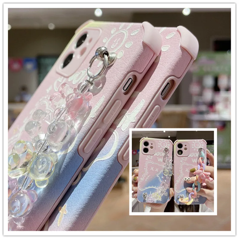 

Cartoon Leather Case Bear Wristband Chain Protective Cover Phone Shell Capa For OPPO A93 A92S A72 A53 A92 A52 For Reno 4 5 6 Pro