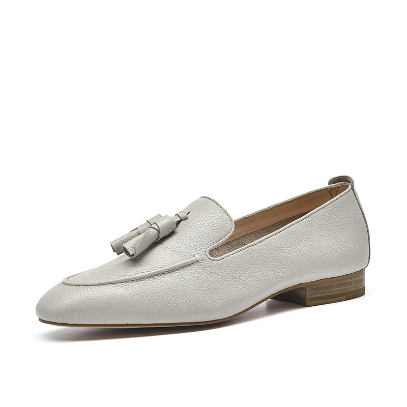 Beige Gray BeauToday Лоферы Для женщин Натуральная телячья кожаные бахромы квадратный носок, без шнуровки, на Демисезонный леди Туфли без каблуков ручной работы 27147 - Цвет: Beige Gray