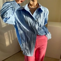korean version of the blue sweet casual pleated lapel top in the spring and summer of 2021 loose and thin solid color cardigan