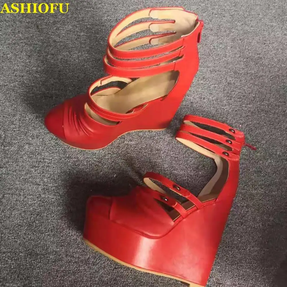 

ASHIOFU Handmade Womens Wadge Heel Pumps Round-Toe Stripped Party Dress Shoes Large Size Shiney Evening Fashion Court Shoes