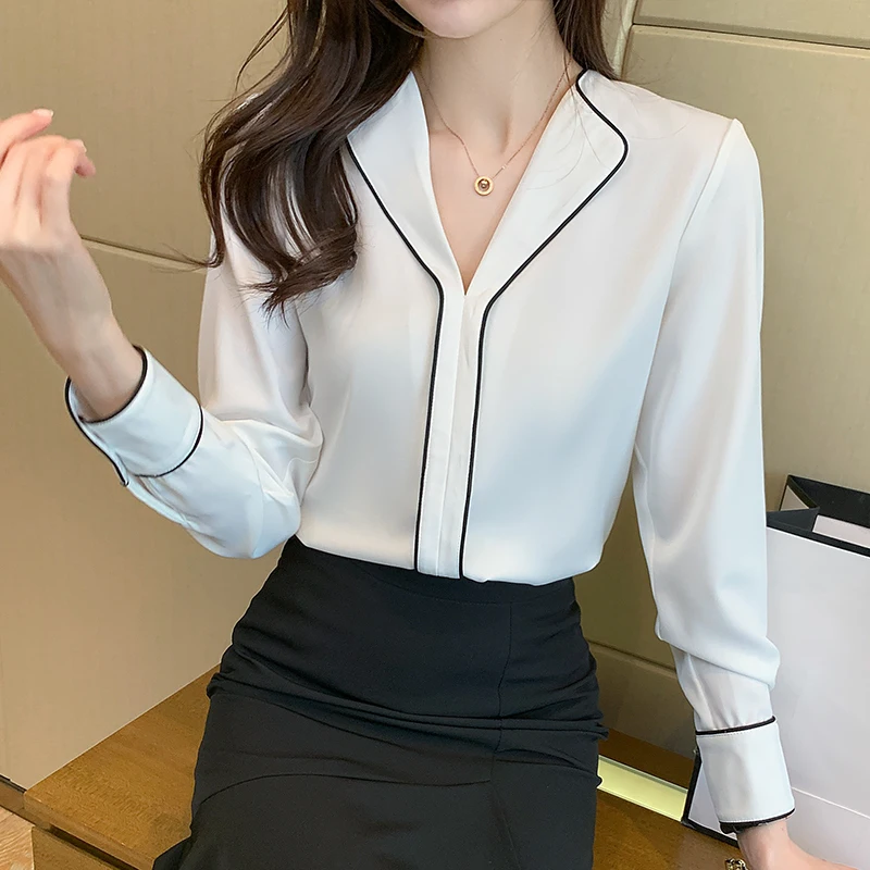 

2021 Autumn French Blusas Shirt Female White Chiffon V-neck Solid Women Long-sleeved Blouses Shirts Casual Shirts Ladies 1055