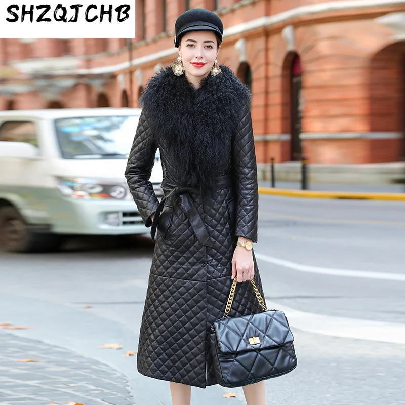 

SHZQ, пуховик из овечьей кожи, Женская длинная Корейская облегающая кожаная куртка, новинка зимы 2021, модная куртка Changfeng