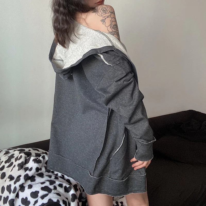 

Kywommnz 2021 Spring Autumn Hooded Coat, Women Long Sleeve Zipper Stitching, Streetwear Casual Cardigan Thin Coat, E4111