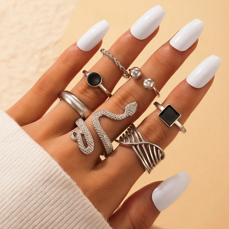 

HI MAN 7 Pcs/Set Mixed Small Round Beads Twist Geometric Snake Ring Women Classic Temperament Banquet Jewelry