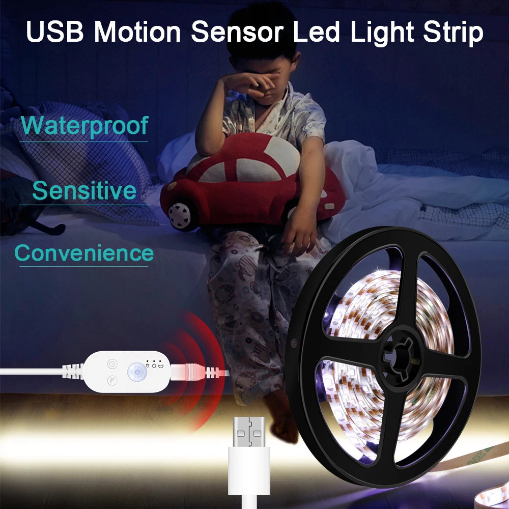 

Wireless PIR Motion Sensor LED Strip light USB DC 5V Auto on/off Stairs Wardrobe Closet Kitchen Night Lamp Tape 1M 2M 3M 4M 5M