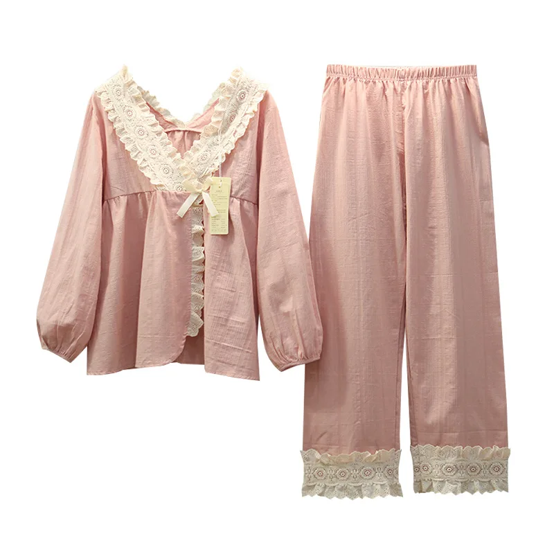 

Cotton Women's Pajamas Spring and Autumn Court Style V-neck Lace Sleepwear 2-piece Set Elegant Pink Sweet Nightwear