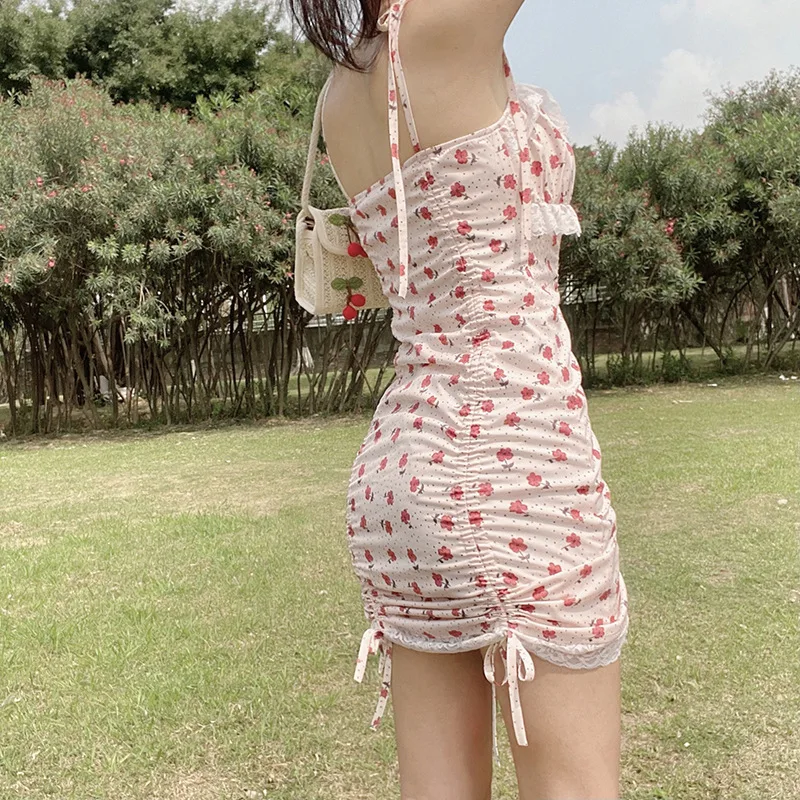 

SANGMAY Sweet Flowers Dress Summer Sexy Camisole Bohemian Beach Pleated Pink Girl Dress Party