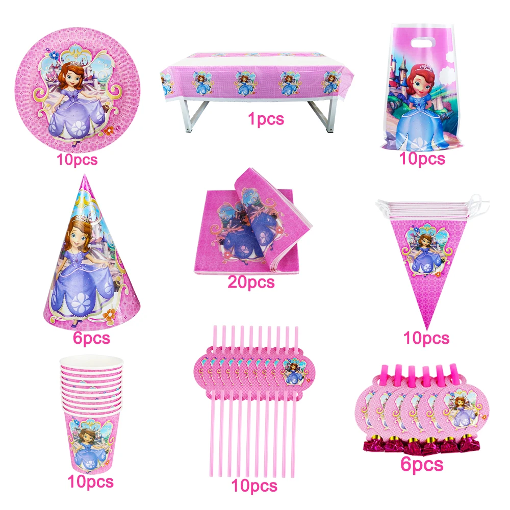 

Disney Princess Sofia 83Pcs Disposable Tableware Birthday Party Set Straws Paper Plates Tablecloth Kids Favor Decoration