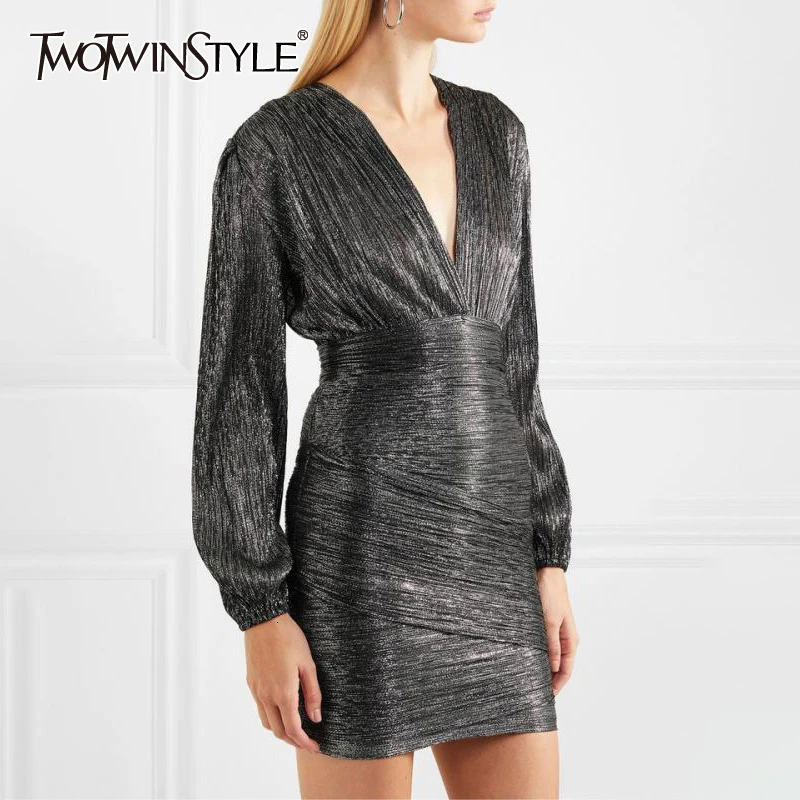 TWOTWINSTYLE/корейское женское платье с v-образным вырезом длинным рукавом и высокой