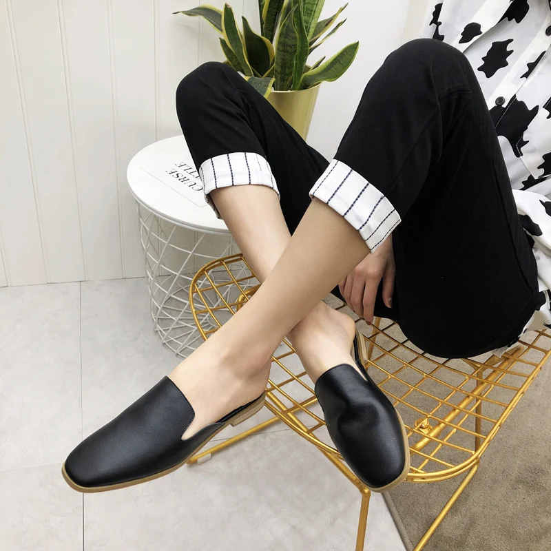 Genuine Leather Mule Shoes Women Flat Slippers Low Heels Slides Concise Style Ladies Casual Designer Shoe Woman Comfort Sliders | Обувь