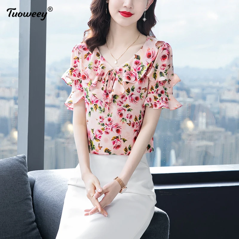 

Korean Summer style Tops Clothing Short Sleeve floral Blouse Women Blusas Mujer De Moda 2021 Mesh Chiffon Women Shirts