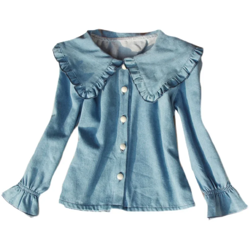 

Cowboy Shirts Girls Peter Pan Collar Hot Sale Korean Fashion Students Kawaii Lovely Daily Streetwear Casual Blouses 10 12 14year