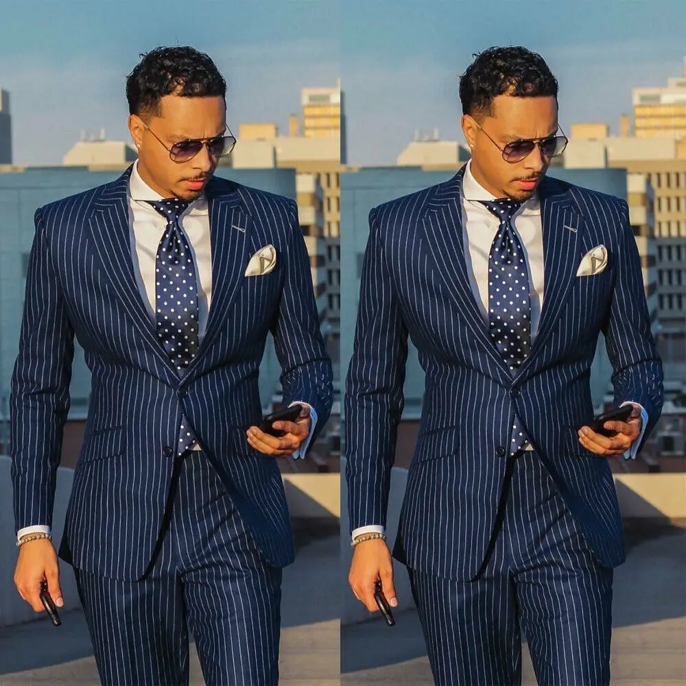

Custom Made Formal Business Strips Men Suit Set Slim Fit Fashion Best Man Bridegroom Wedding Suits Tuxedo Blazer Pants 2 Pieces