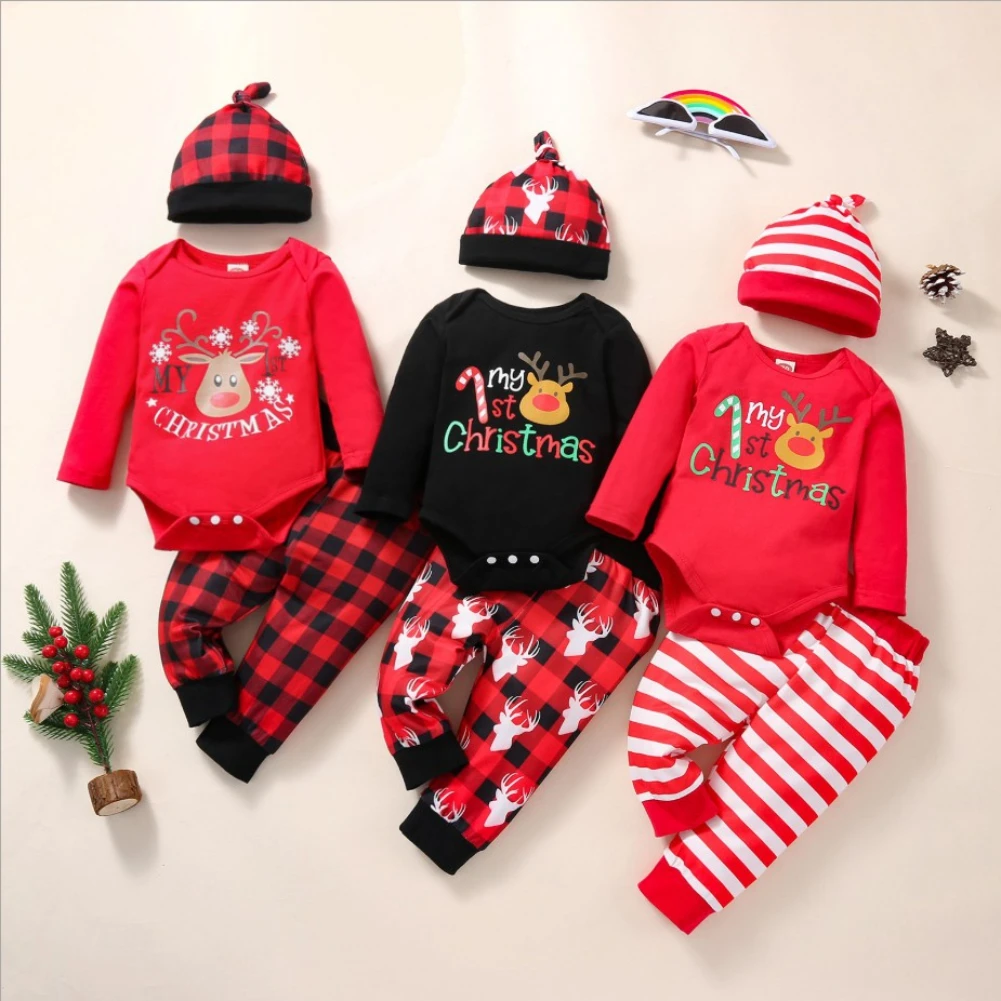 

Рождественский костюм Baywell для маленьких мальчиков и девочек, комбинезон с принтом рождественского оленя, красные клетчатые штаны, повседн...