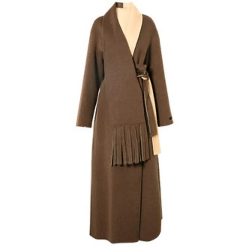

Women high-end scarf collar double-sided cashmere coat women stitching fashion belted wool blends overcoat
