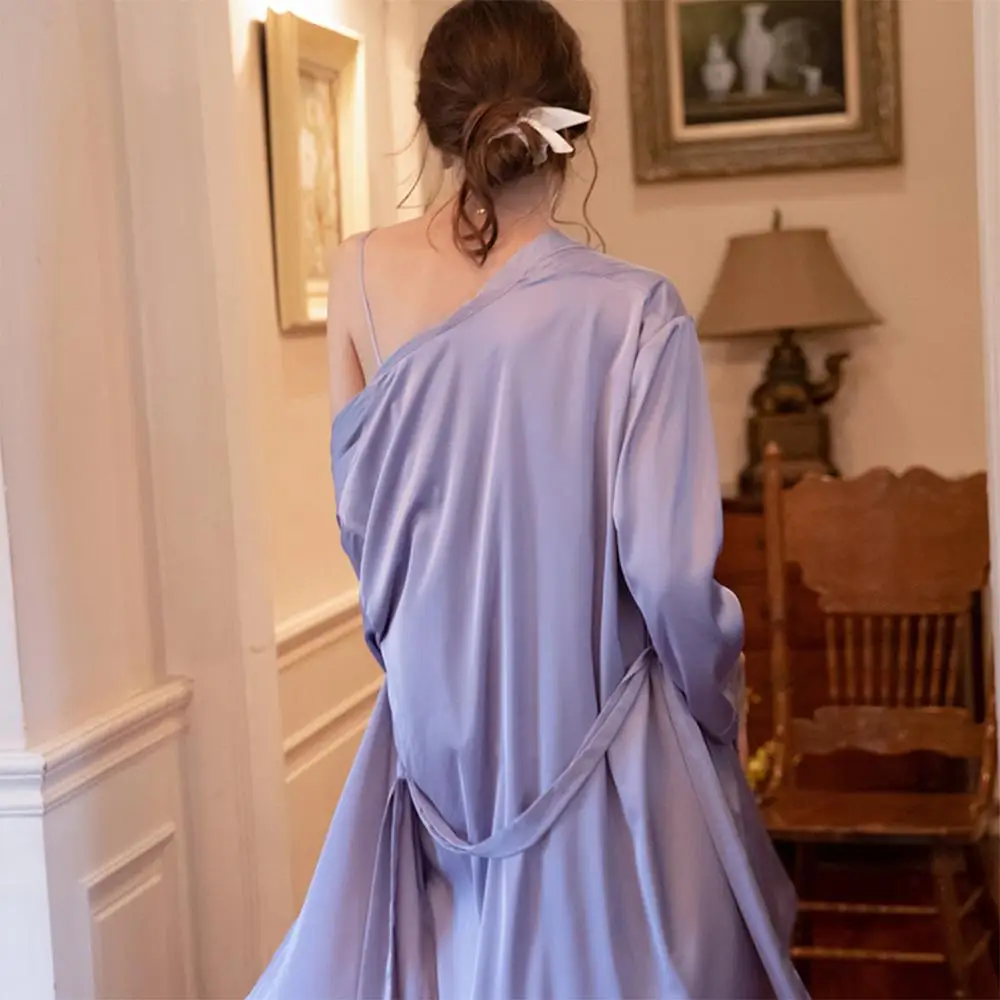 

Irene Tinnie women's new sleeping ice silk V-neck sexy sling set Long Sleeve Silk gown pajamas three piece set for women