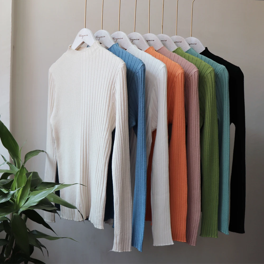 Женский свитер с высоким воротником базовый облегающий пуловер длинными