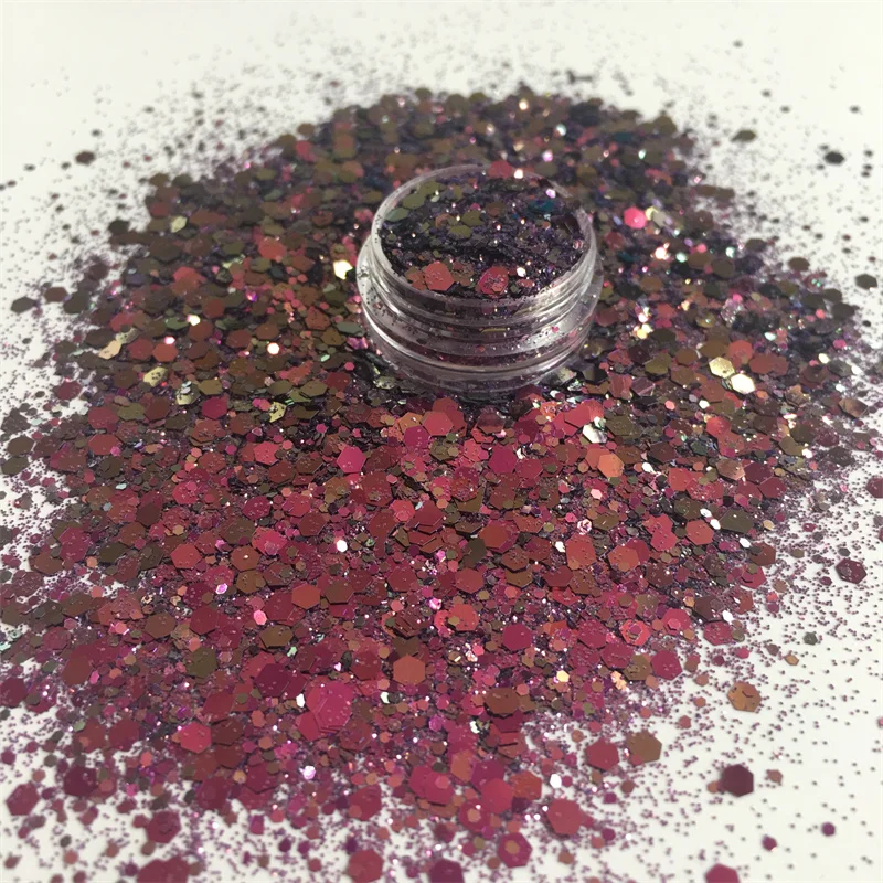 

New Dark Rose Chameleon Chunky Glitter Red Color-Shifting Mixed Hexagon Shape Glitter Sequin Powder Dust For Nail Art Decoration