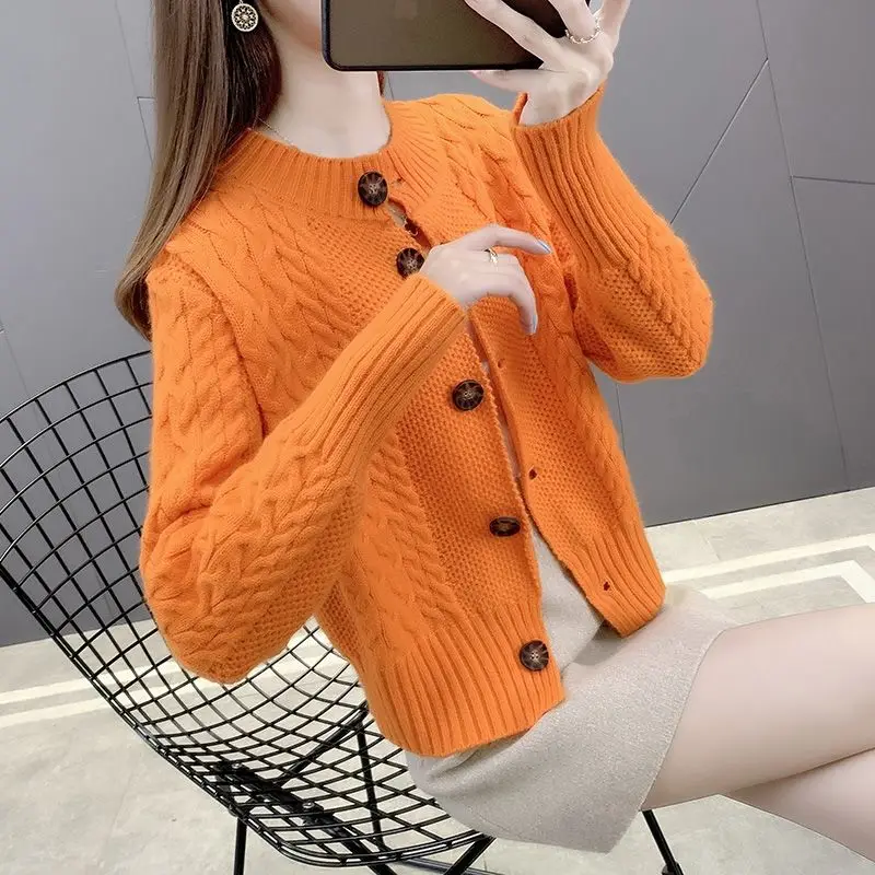 

EBAIHUI Cardigan Crop Top Solid Color O Neck Sweater Casual Loose Jumper Korean Fashion Single-breasted Twist Chic Women's Coat