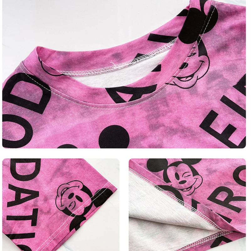

Disney Mickey Cartoon Printed Sweet T-Shirt Summer Fashion Shirt Dyeing Graffiti T-Shirt Purple Kawaii Ladies Hip Hop Tops Girls