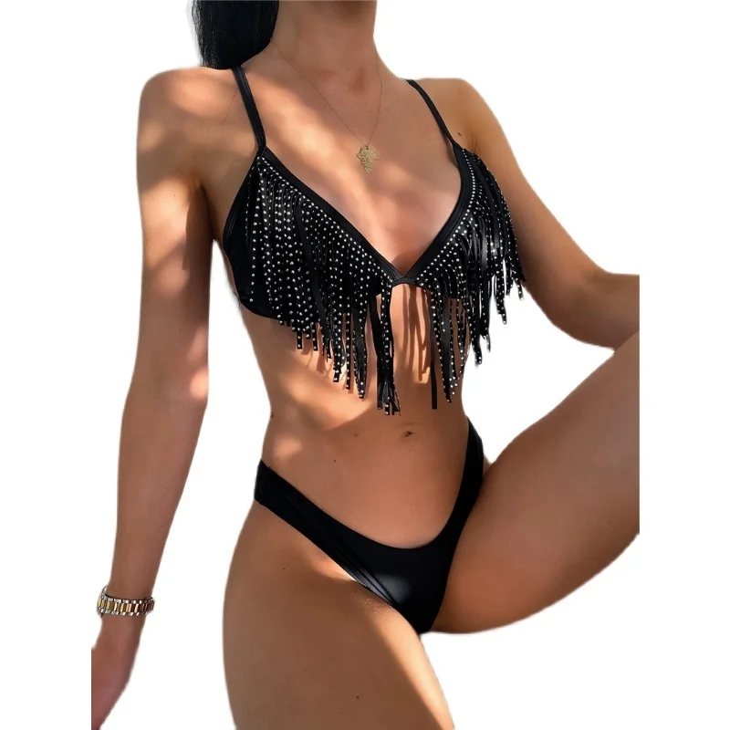 

2022 New Black Tassel Sexy Bikini Solid Two Piece Swimsuit Women Swimwear Beach Bathing Suit Female Halter