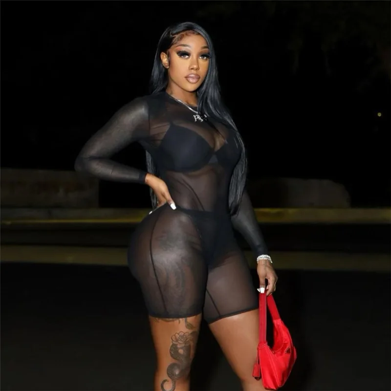 

Hovanch Black Sexy Long Sleeve Zipper Mesh Perspective High Waist Tight One-Piece Shorts 2022 Spring Midnight Party Club