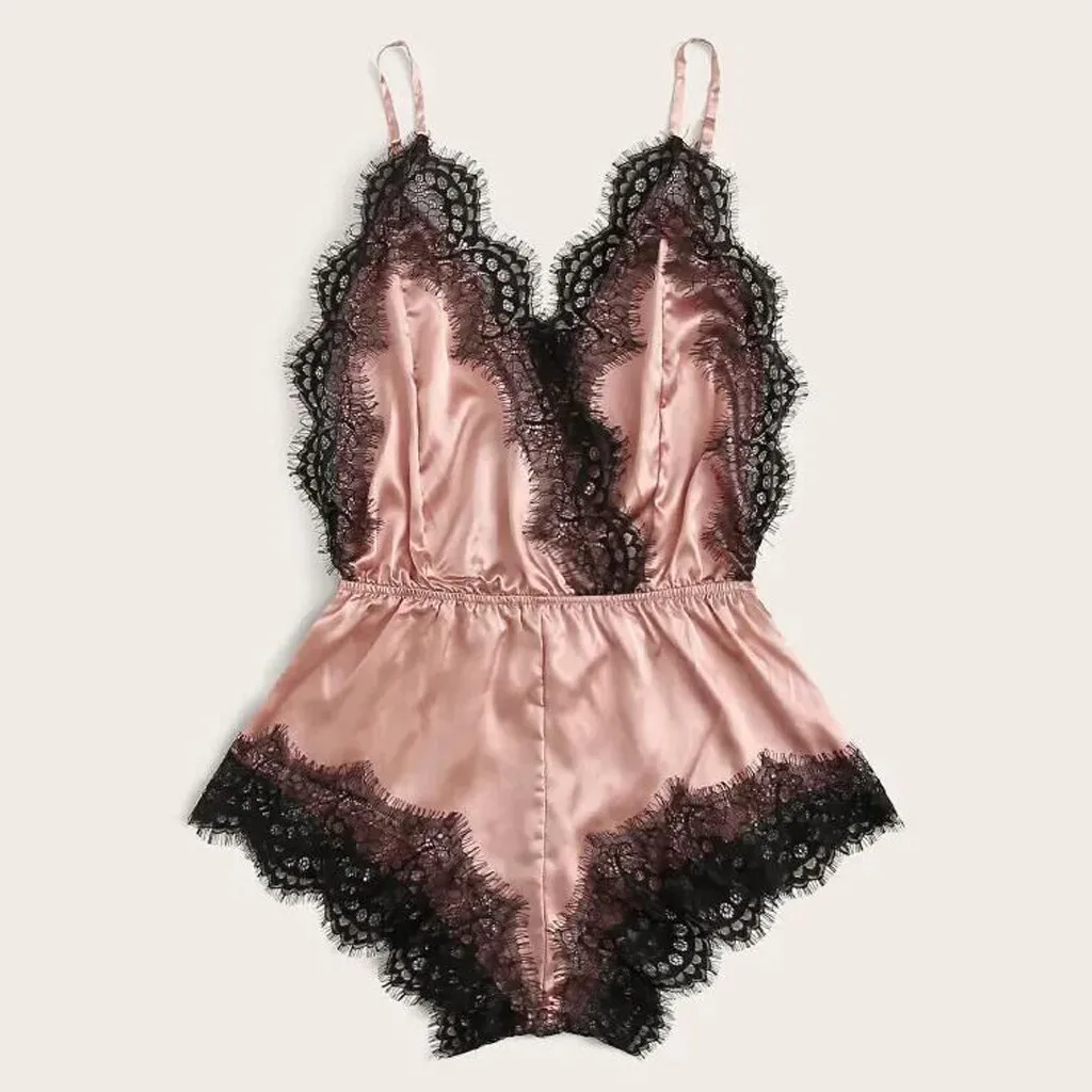 

Sexy Pajamas Bodysuit V Neck Sleeveless Black Lace Shorts Underwear for Women 2021 Casual Nightwear Bielizna Damska Size S-XL