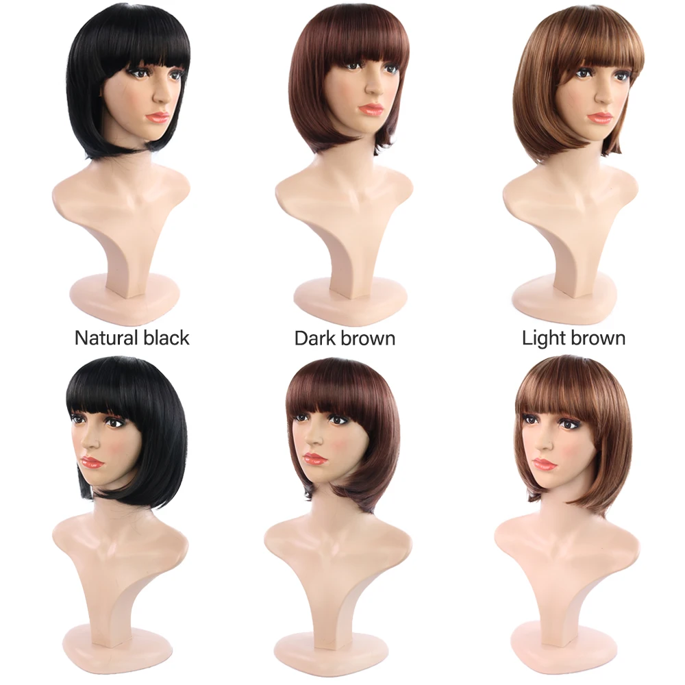 Боб парик прямые черные синтетические парики с челкой для женщин средней длины