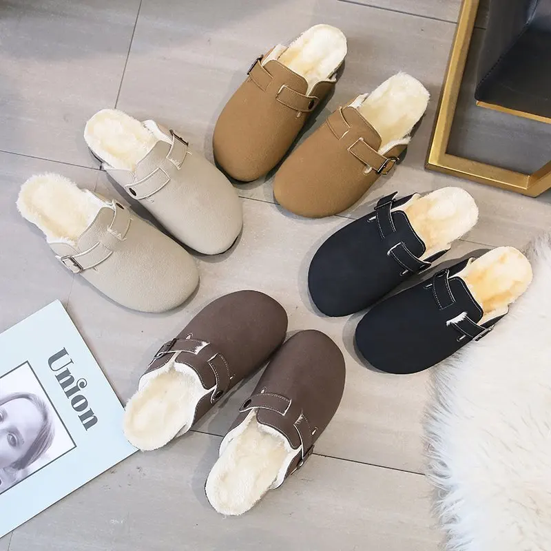 

Winter Warm Fur Slippers Women Faux Suede Upper Platform Flat Low Heel Outdoor Ladies Mules Non Slip Plush Lining Shoes Ladies